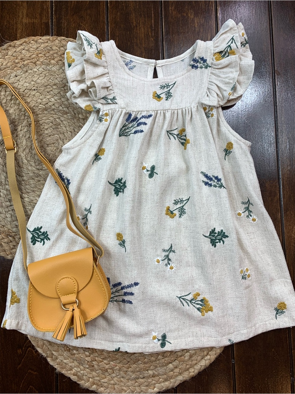 Toddler Embroidered Beige Floral Ruffle Sleeve Boho Dress